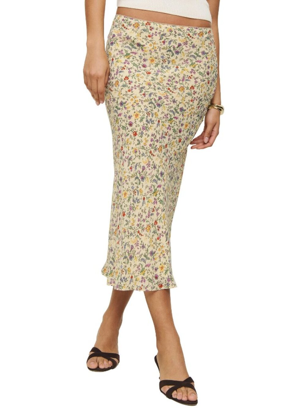 Reformation Layla Midi Skirt Yasmeen Cream Floral Bias Cut Elastic Waist 0